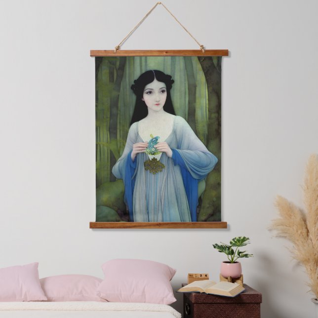 Illustration der schönen Frau im Wald Wandteppich Mit Holzrahmen (Schlafzimmer)