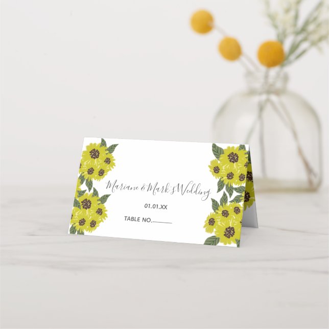 Illustration der Sonnenblumen Botanisches Hochzeit Platzkarte (Vorderseite)