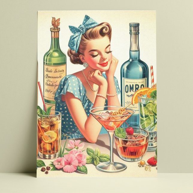 Illustration der Vintagen Drink Girl Postkarte (Von Creator hochgeladen)