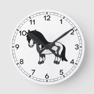 Illustration des Black Pinto Shetland Pony Cartoon Runde Wanduhr