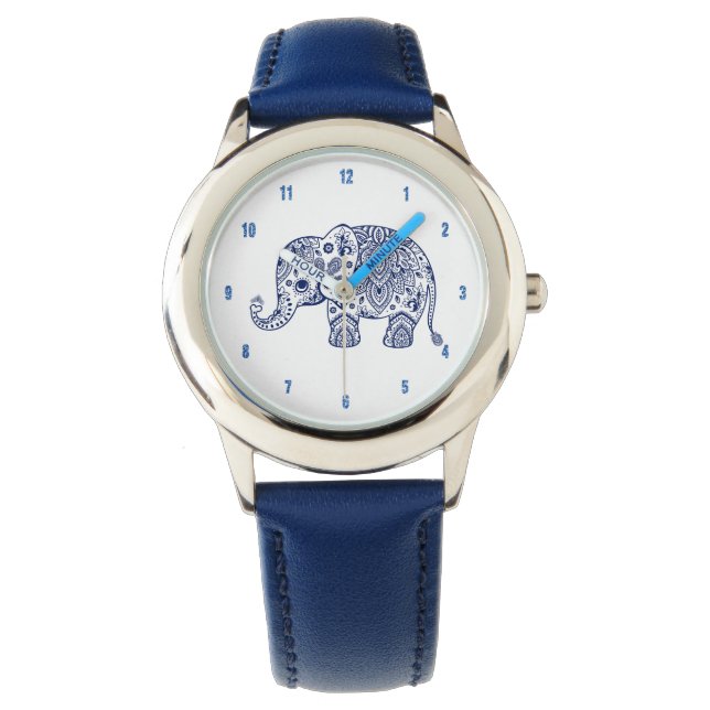 Illustration des Blauen Paisley-Elefanten Armbanduhr (Vorderseite)