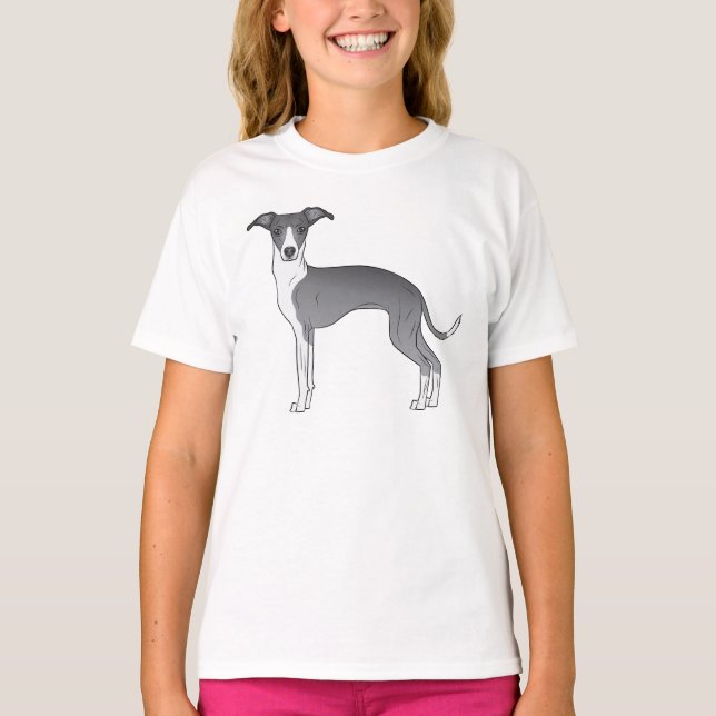 Illustration des blauen und weißen Grauhundes T-Shirt (Vorderseite)