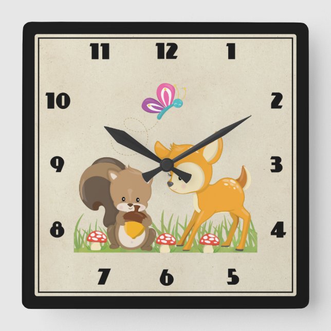 Illustration des Cartoon der niedlichen Waldbewohn Quadratische Wanduhr (Vorderseite)