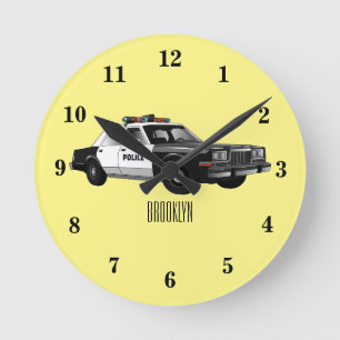 Illustration des Cartoon von Polizeiwagen Runde Wanduhr