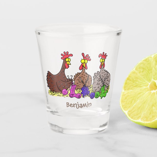 Illustration des Cartoon von Strickhühnern Schnapsglas (Vorderseite)