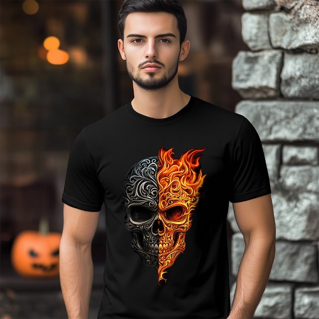 Illustration des Feuer-Halloween-Höllenfeuers Tri-Blend Shirt (Illustration of Skull Tattoo Fire Flame Halloween T-Shirt)