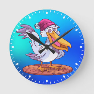 Illustration des handgezeichneten Pelikan-Cartoon Runde Wanduhr
