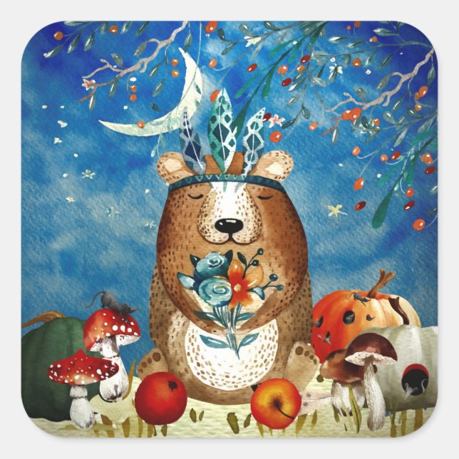 Illustration des Herbst-Wald-Friends-Bärenwaldes Quadratischer Aufkleber (Vorderseite)