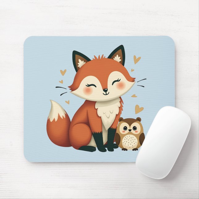 Illustration des niedlichen Fox- und Owl-Whimsikal Mousepad (Mit Mouse)