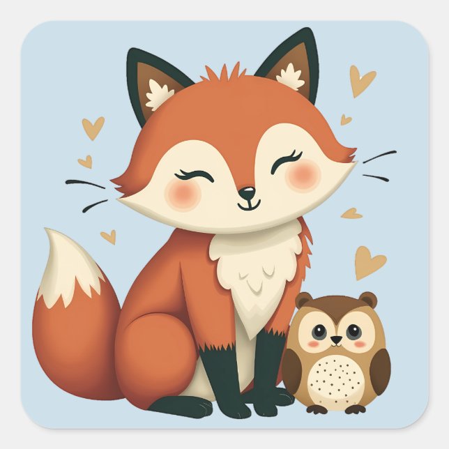 Illustration des niedlichen Fox- und Owl-Whimsikal Quadratischer Aufkleber (Vorderseite)