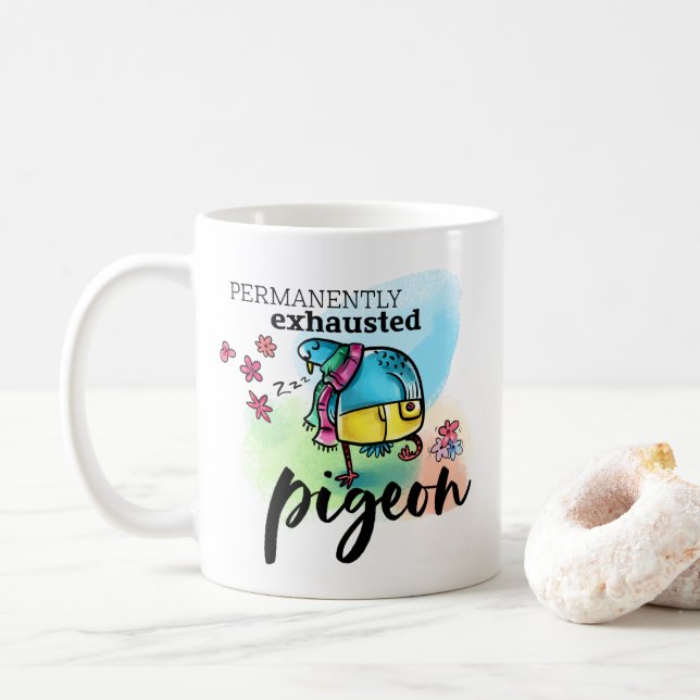 Illustration des permanent ausgebrannten Taubenvog Kaffeetasse (Mit Donut)
