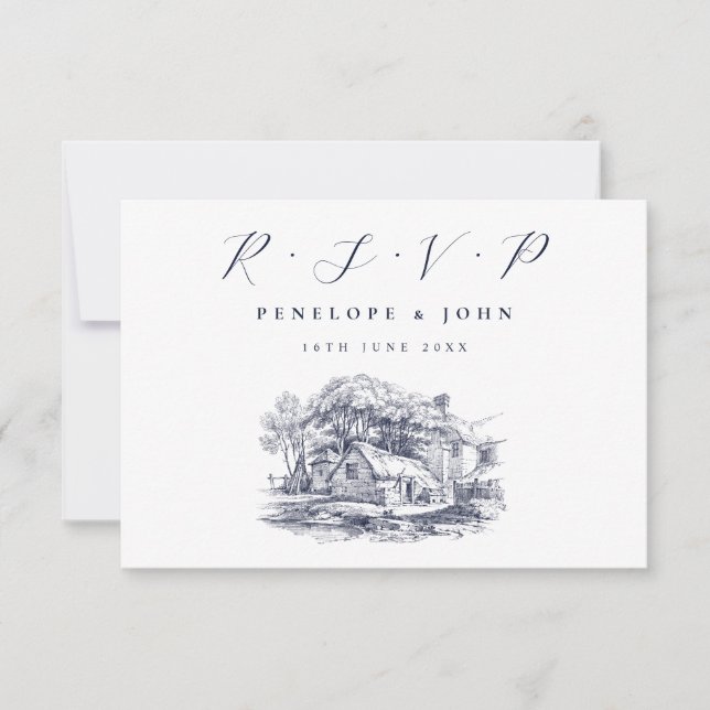 Illustration des rustikalen Bauernhauses Hochzeit  RSVP Karte (Vorderseite)