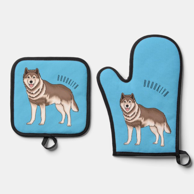 Illustration des sibirischen Husky-Cartoon Ofenhandschuh & Topflappen-Set (Vorderseite)