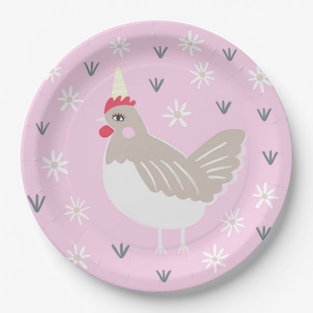 Illustration des Vintagen Huhn in rustikalem Rosa  Pappteller (Vorderseite)