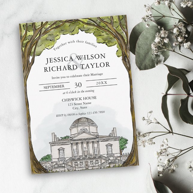 Illustration des von Hand gezeichneten Veranstaltu Einladung (custom hand drawn watercolor wedding venue illustrated invitation)