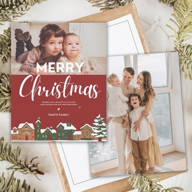 Illustration du village festif Carte de Noël (Festive Village Illustration Photo Christmas Card)