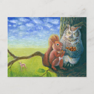 Illustration Eichhörnchen und weise Eule mit Hasel Postkarte
