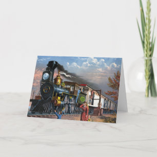 Illustration einer alten Dampflokomotive im Bahnho Feiertagskarte