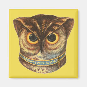 Illustration einer Eule für Senfwerbung im Vintage Magnet