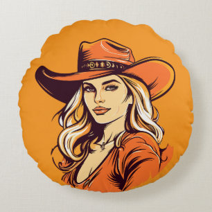 Illustration einer Frau mit Cowgirl-Hut Rundes Kissen