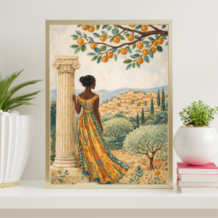 Illustration einer Frau neben einer Säule mit Zitr Poster