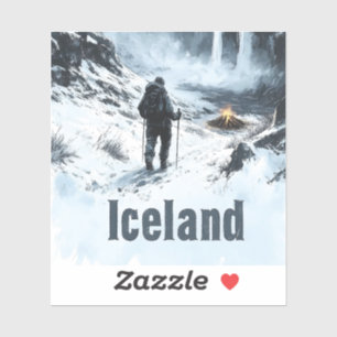 Illustration einer isländischen Landschaft und ein Aufkleber