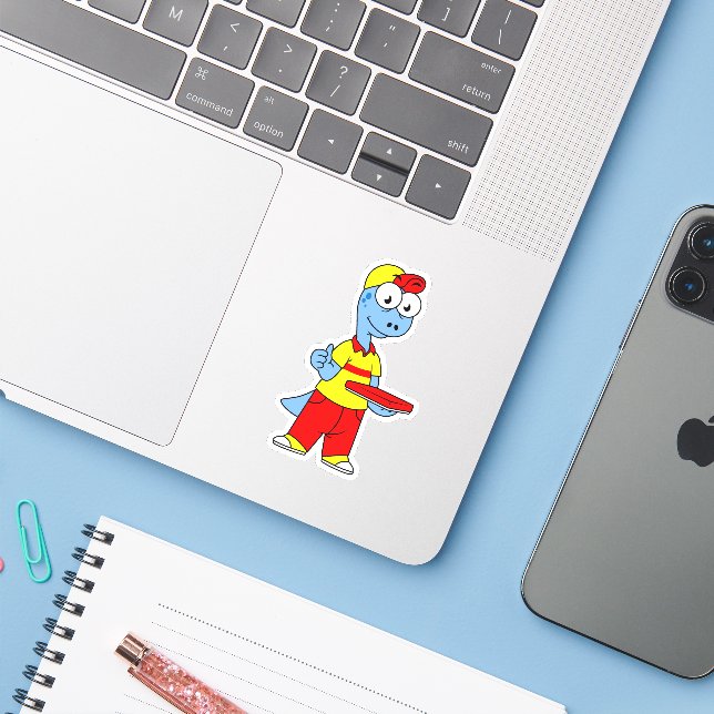 Illustration einer Person, die Brontosaurus liefer Aufkleber (Laptop mit iPhone)