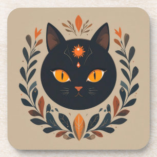 Illustration einer schwarzen Katze mit lebendigen Getränkeuntersetzer