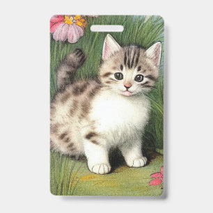 Illustration einer Vintage-Katze mit roten Blumen Ausweis