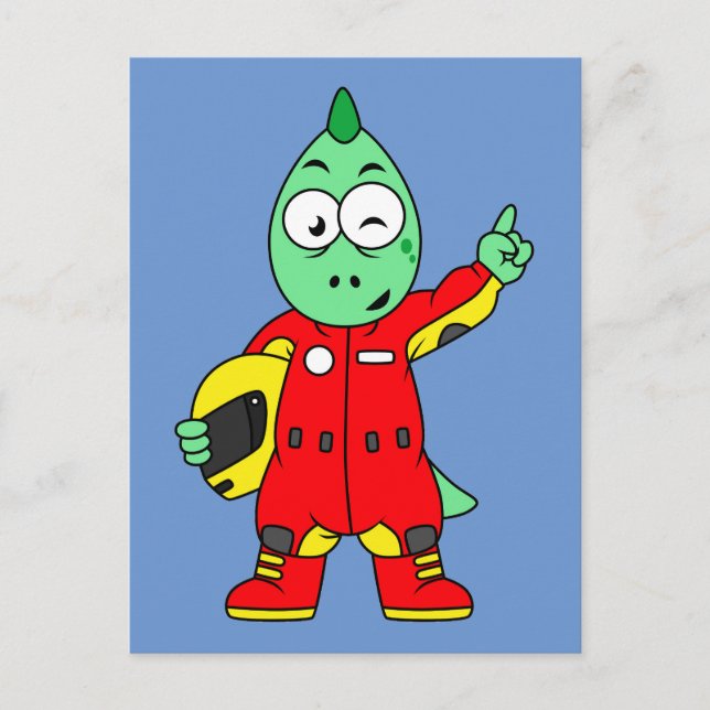 Illustration eines Allosaurus Rennfahrers. Postkarte (Vorderseite)