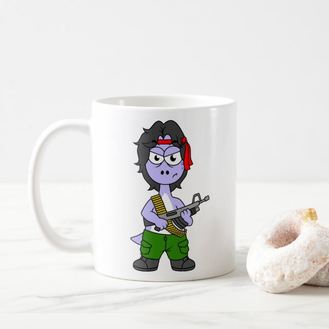 Illustration eines als Rambo verkleideten Brontosa Kaffeetasse (Mit Donut)