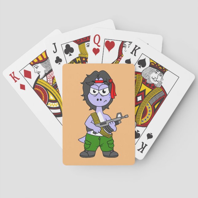 Illustration eines als Rambo verkleideten Brontosa Spielkarten (Rückseite)