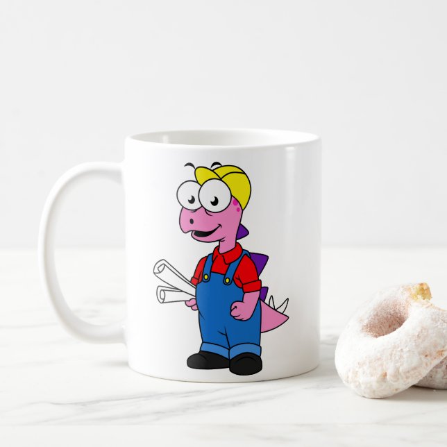 Illustration eines Bauarbeiters für Stegosaurus. Kaffeetasse (Mit Donut)
