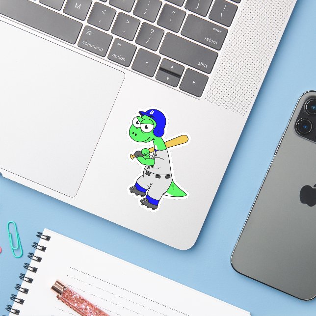 Illustration eines Brontosaurus Baseball-Spielers. Aufkleber (Laptop mit iPhone)