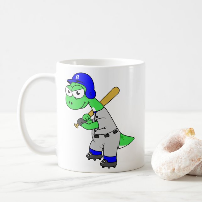 Illustration eines Brontosaurus Baseball-Spielers. Kaffeetasse (Mit Donut)