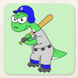 Illustration eines Brontosaurus Baseball-Spielers. Rechteckiger Pappuntersetzer
