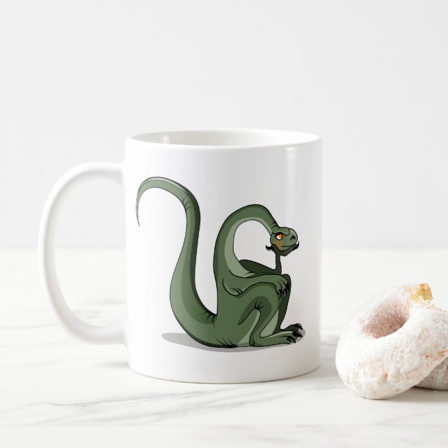 Illustration eines Cartoon Brontosaurus Denken. Kaffeetasse (Mit Donut)