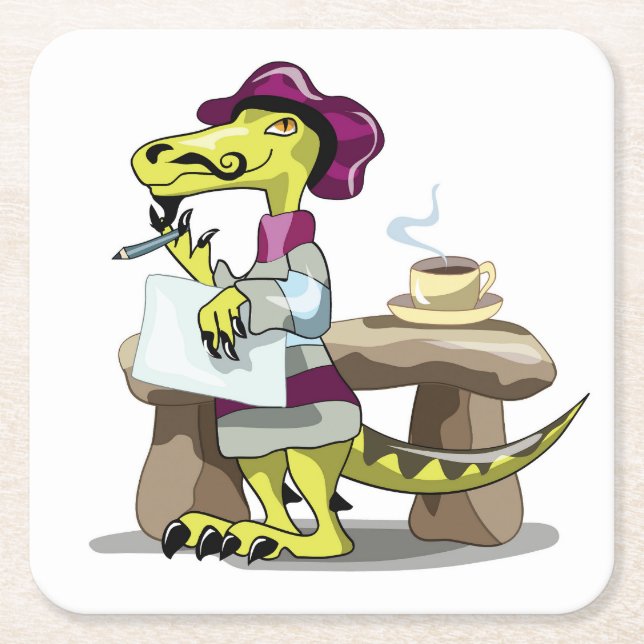 Illustration eines Cartoon Raptor Poet Denken. Rechteckiger Pappuntersetzer (Vorderseite)