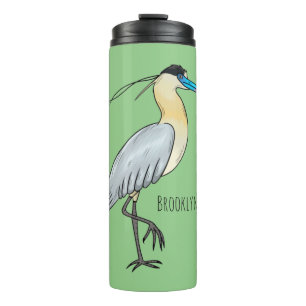 Illustration eines Cartoon-Reiher-Vogels mit Kappe Thermosbecher