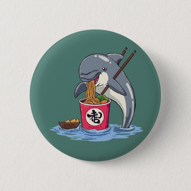 Illustration eines Delphins, der Ramen isst Button (Vorderseite)