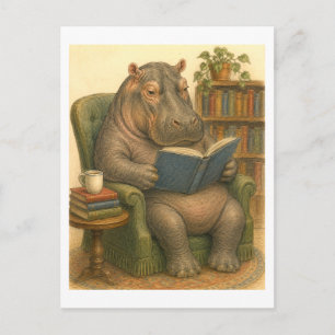 Illustration eines Flusspferds beim Lesen eines Bu Postkarte