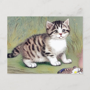 Illustration eines gestreiften Kätzchens im Vintag Postkarte