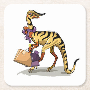 Illustration eines Iguanodon mit Einkaufstaschen. Rechteckiger Pappuntersetzer