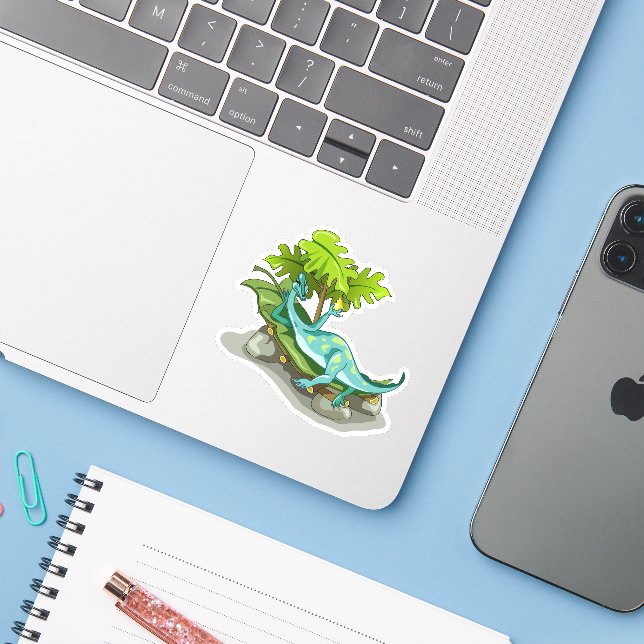 Illustration eines Iguanodon-Sonnenbades. Aufkleber (Laptop mit iPhone)