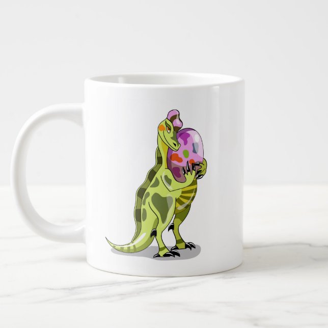 Illustration eines Lambeosaurus, der ein Ei hält. Jumbo-Tasse (Links)