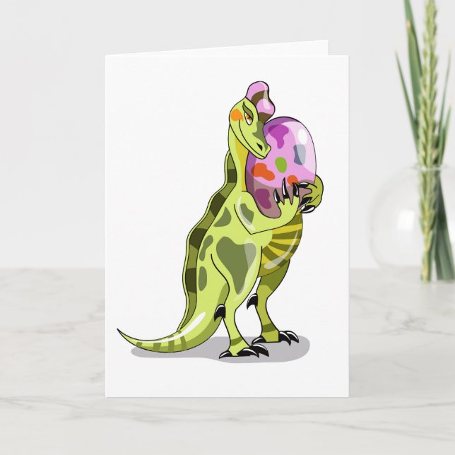 Illustration eines Lambeosaurus, der ein Ei hält. Karte (Vorderseite)