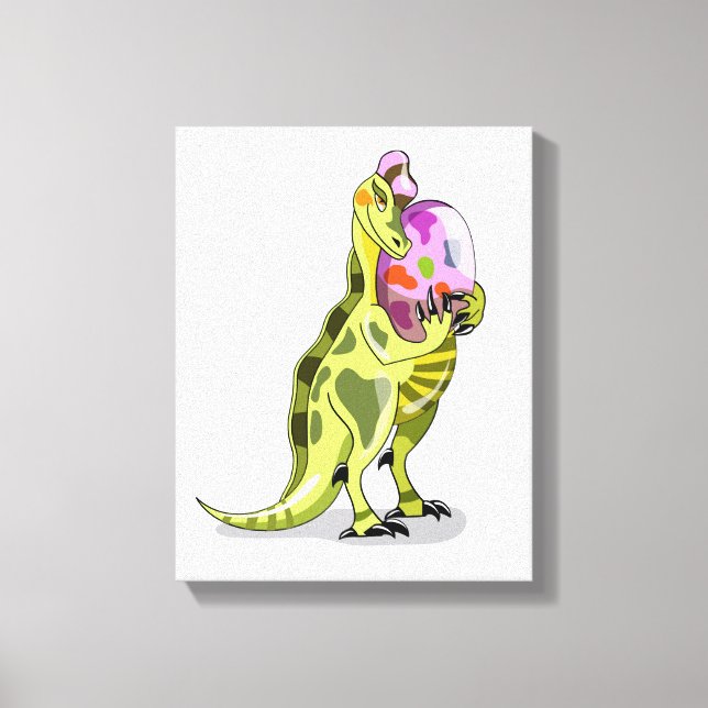 Illustration eines Lambeosaurus, der ein Ei hält. Leinwanddruck (Vorderseite)