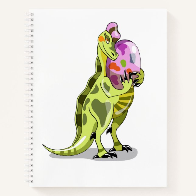 Illustration eines Lambeosaurus, der ein Ei hält. Notizbuch (Vorderseite)