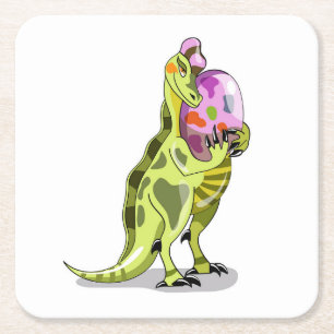 Illustration eines Lambeosaurus, der ein Ei hält. Rechteckiger Pappuntersetzer