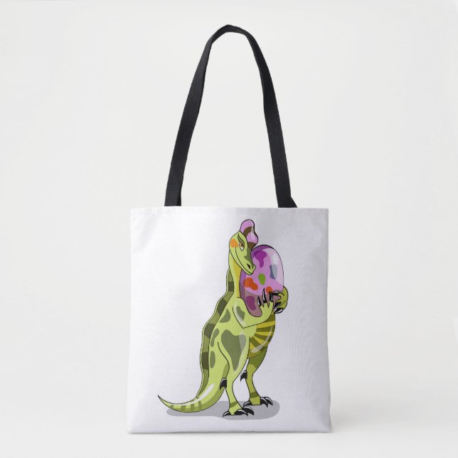 Illustration eines Lambeosaurus, der ein Ei hält. Tasche (Vorderseite)